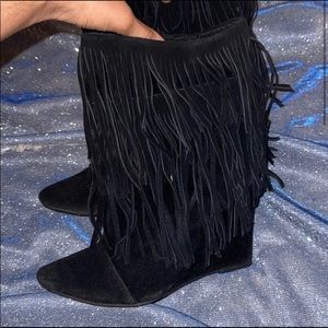 Black Fringe Wedge Boots